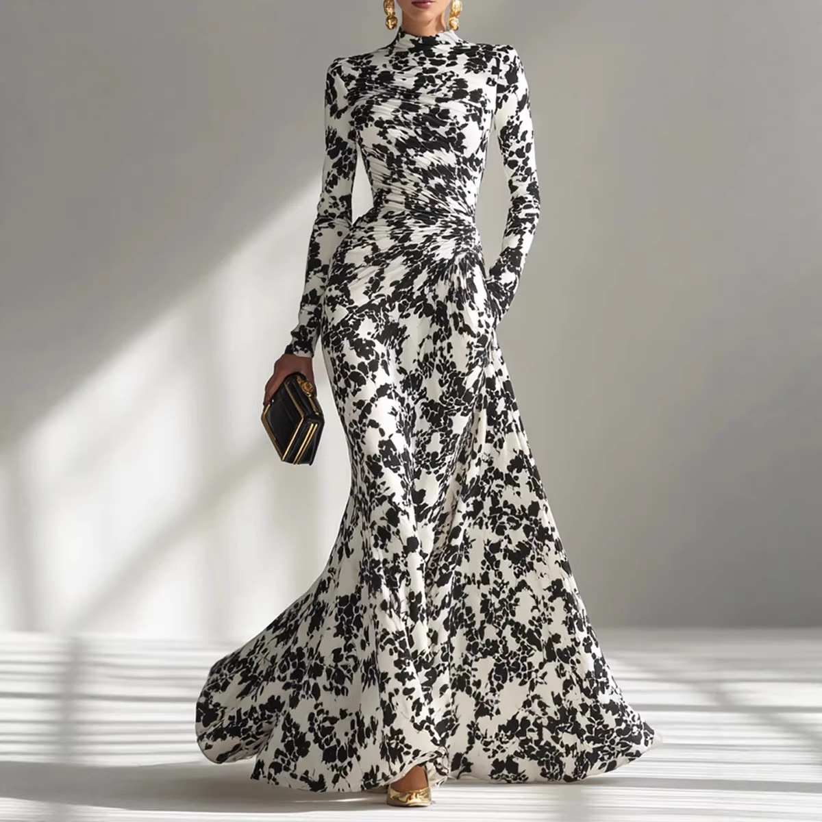 Women's Long Sleeve High Waist Pleated Maxi Dress