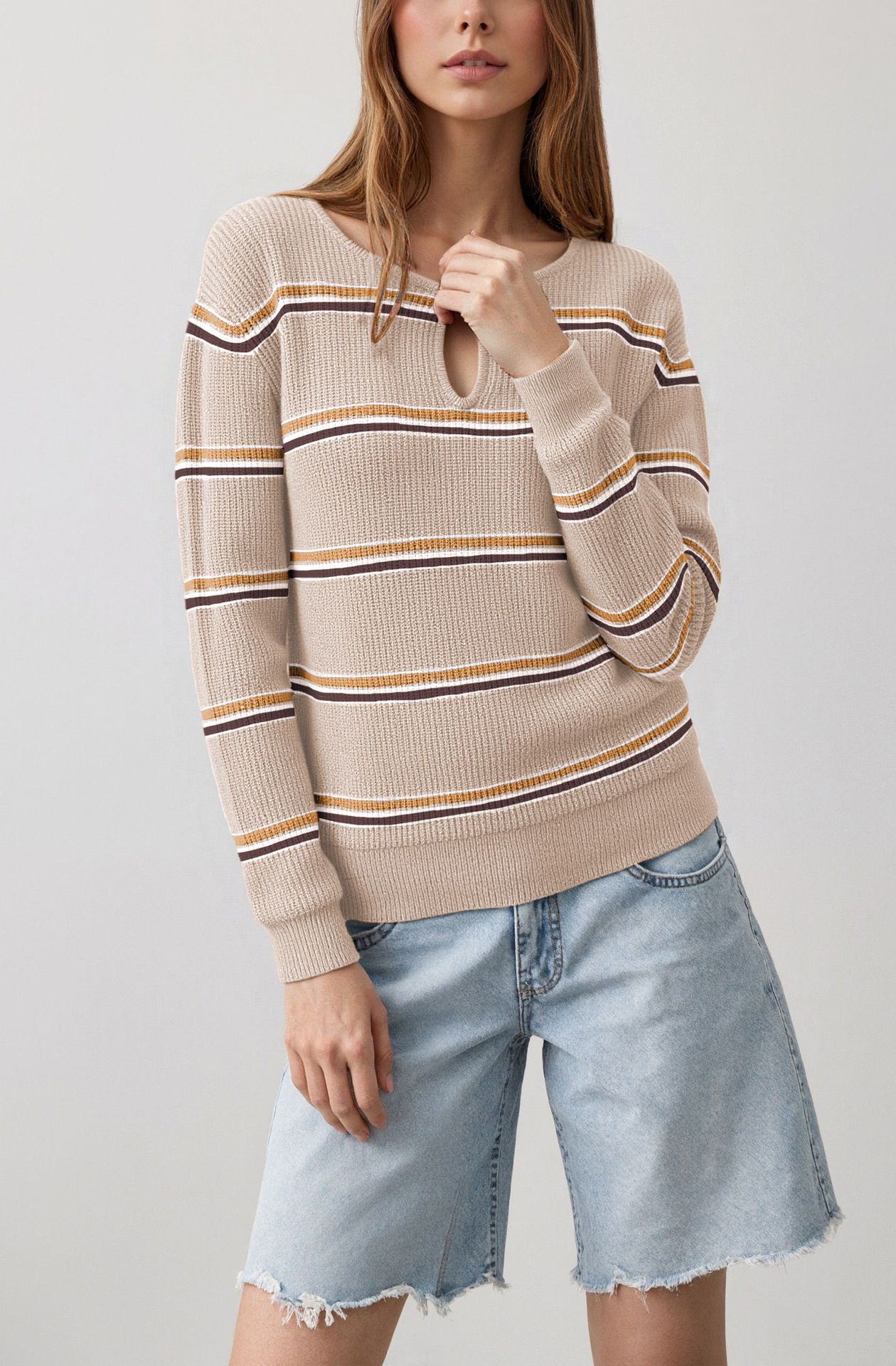 Women's Striped Crewneck Knit Sweater Slim Fit Long Sleeve Pullover