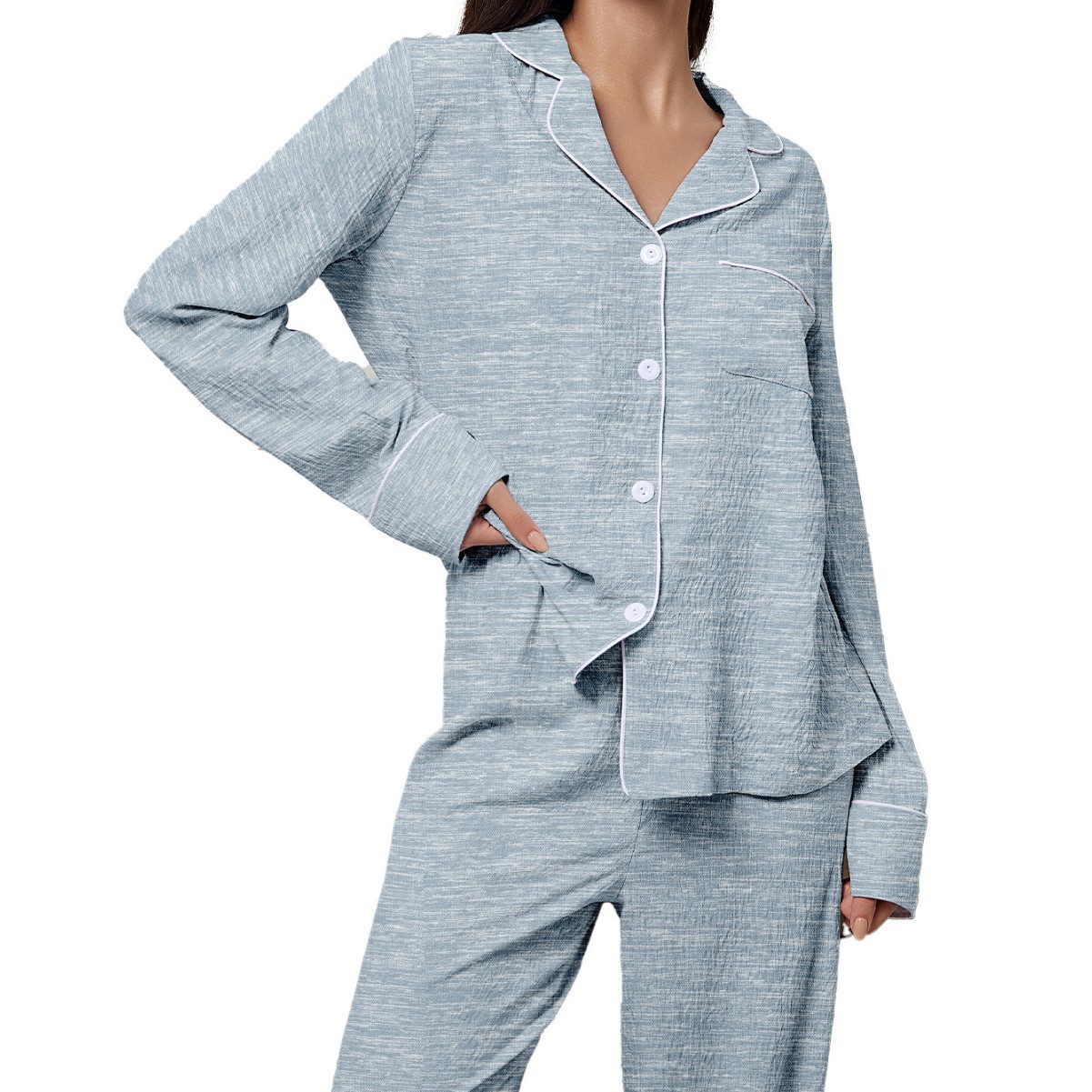 Women's Cuban Collar Long Sleeve Solid Color Casual Set