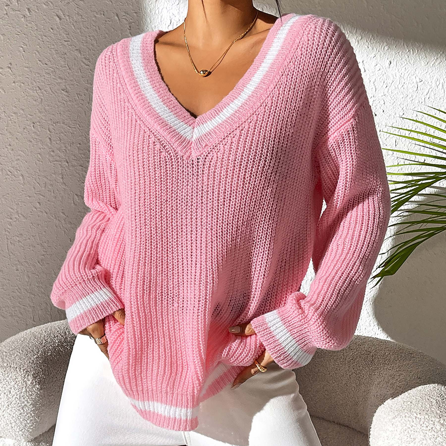 Women's Preppy Color-Block V-Neck Sweater
