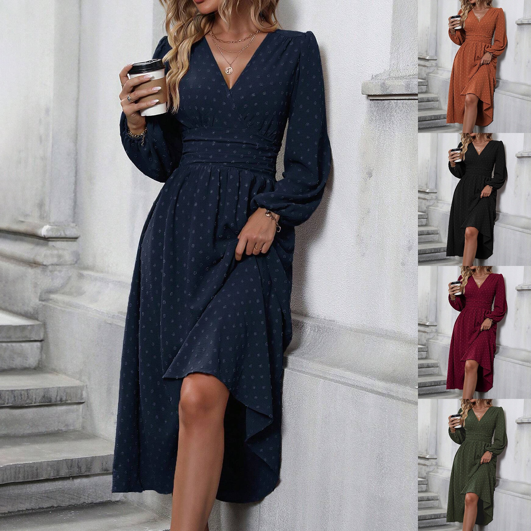 Women's Asymmetric V-Neck Lantern Sleeve Ruched Waist Midi Dress