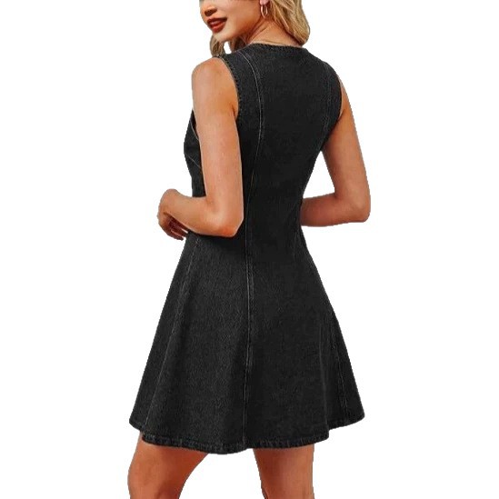 Women's Slim-Fit Washed Denim Sleeveless Button Dress with Side Pockets