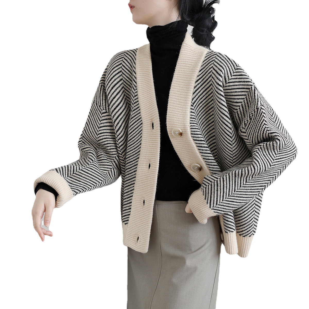 Retro Striped V-Neck Knit Cardigan Women's Loose Thick Sweater