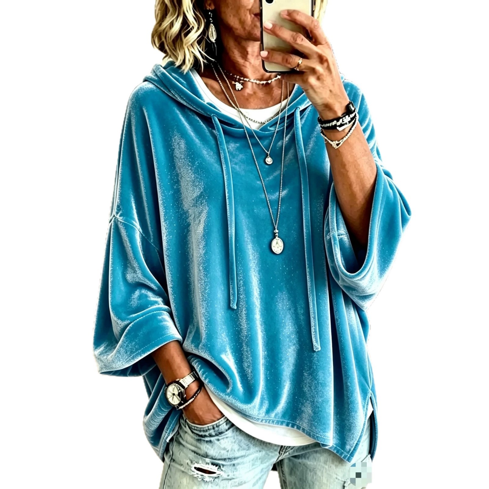 Solid Color 3/4 Sleeve Hooded Drawstring Loose Casual Sweatshirt for Women