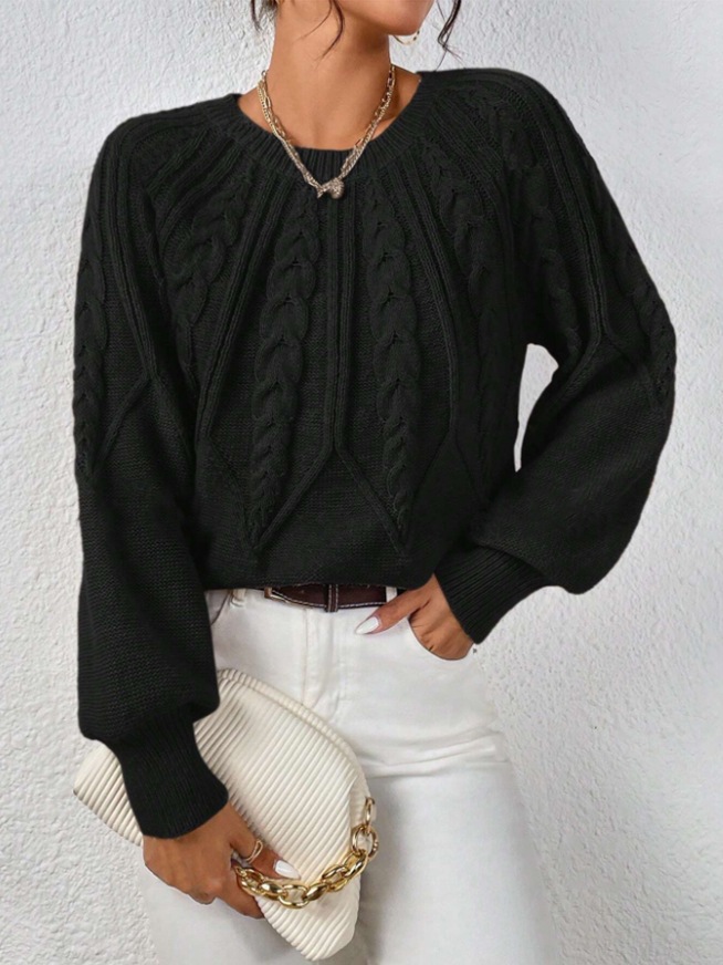 Women's Cable Knit Crewneck Pullover Sweater Solid Color Casual Top