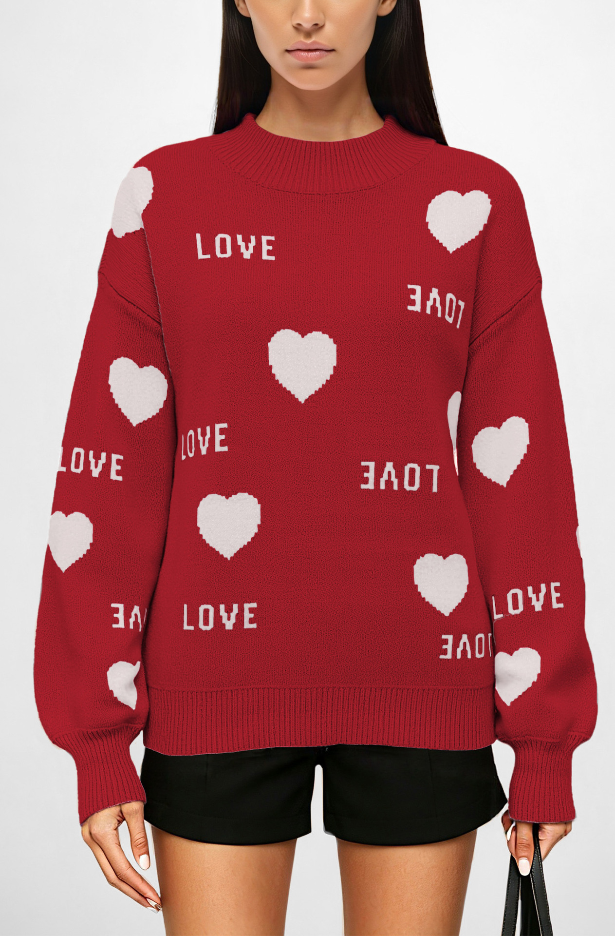 Heart Jacquard Pullover Sweater Crew Neck Loose Fit