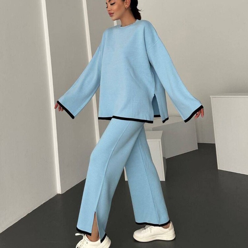 Women's Color-Block Long-Sleeve Split Top & Pants Two-Piece Set