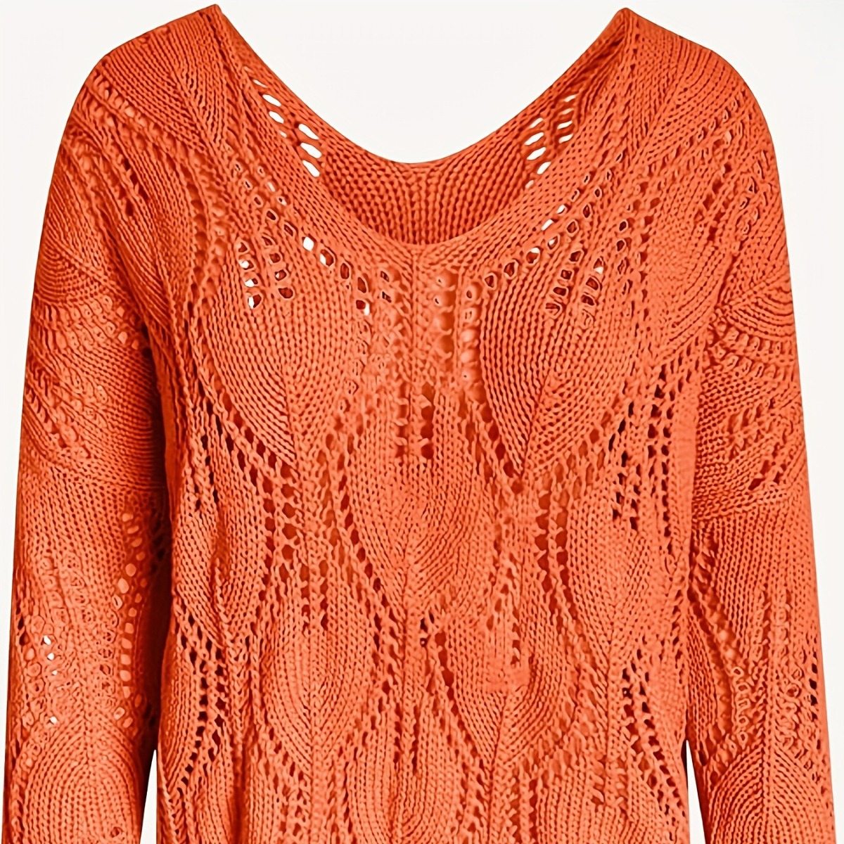 Women's Openwork V-Neck Long Sleeve Pullover Sweater Loose Knit Top