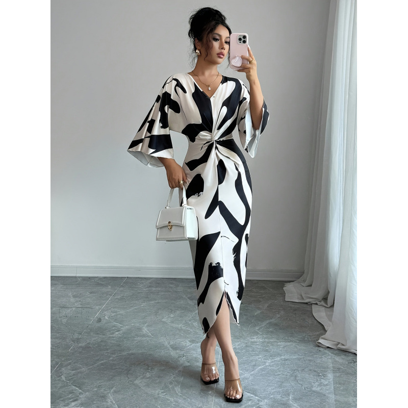 Apricot Print Knit V-Neck Tie-Waist Bodycon Dress with Asymmetric Hem