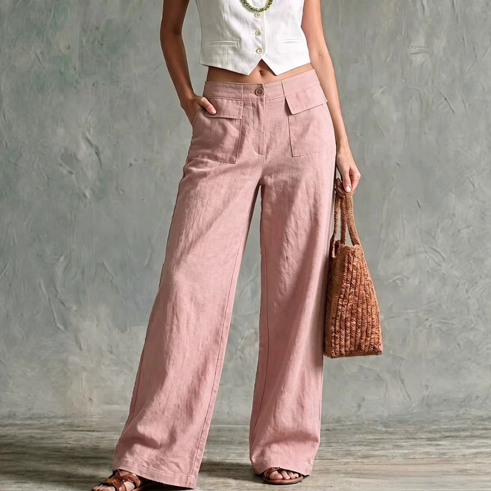 Women's Linen-Blend Wide-Leg Pants Solid Color High-Waist Casual
