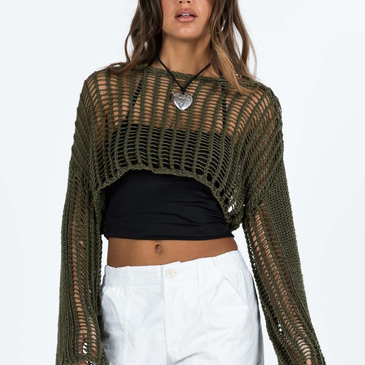 Women's Summer Crewneck Long Sleeve Open Knit Crop Top