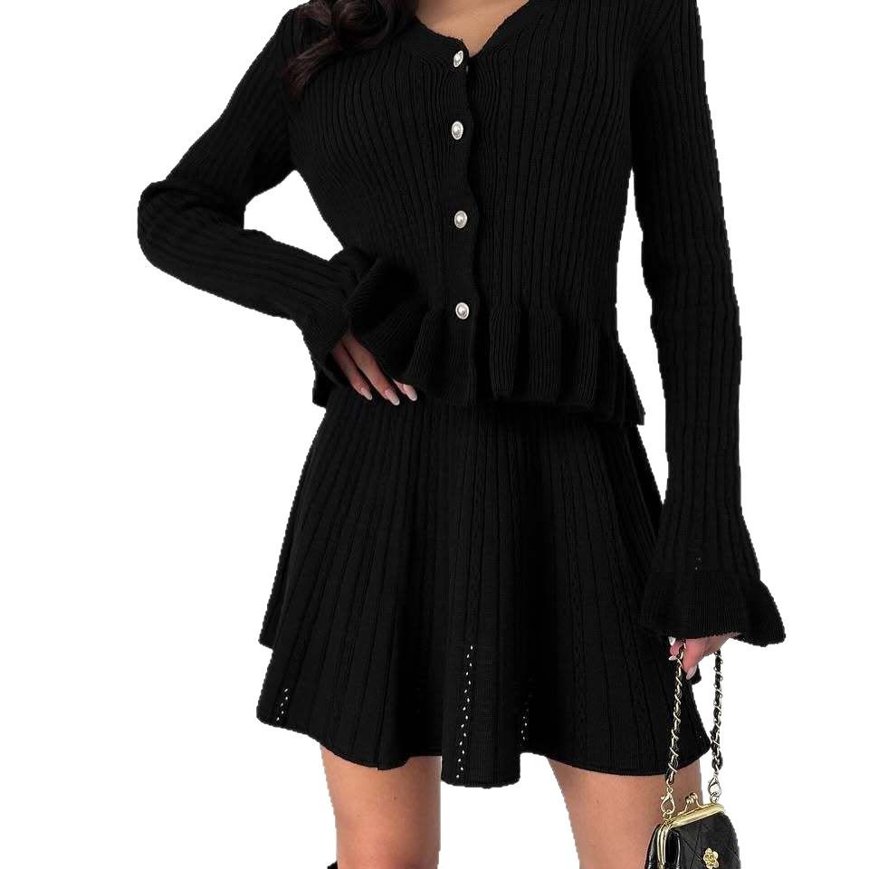 French-Style V-Neck Long-Sleeve Rhinestone-Button Ruffle Knit Two-Piece Skirt Set