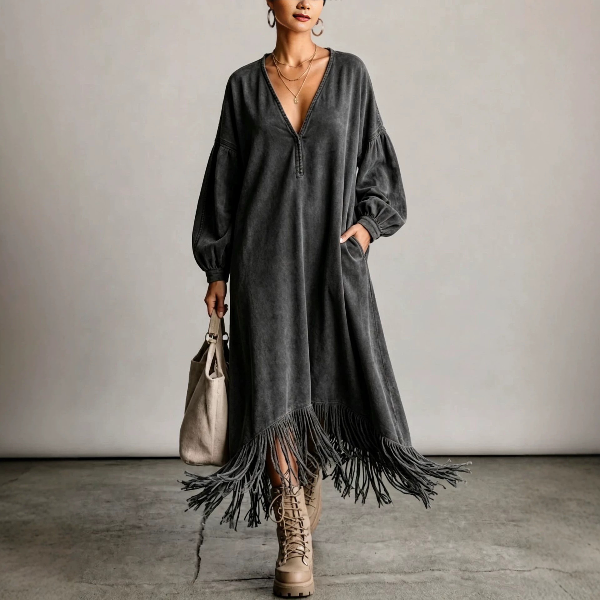 Suede Fringe V-Neck Midi Dress