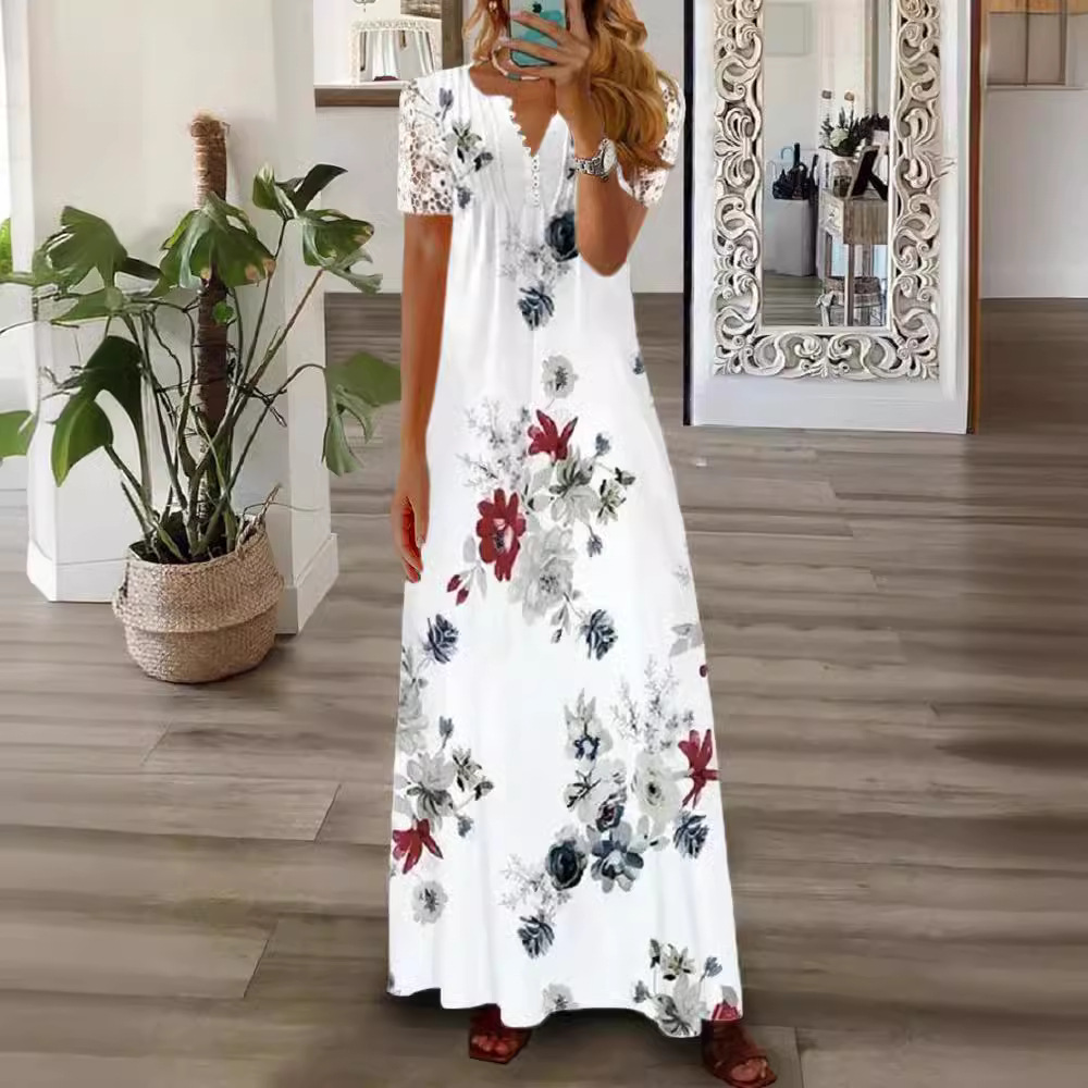 Floral Print Lace Short Sleeve Dress