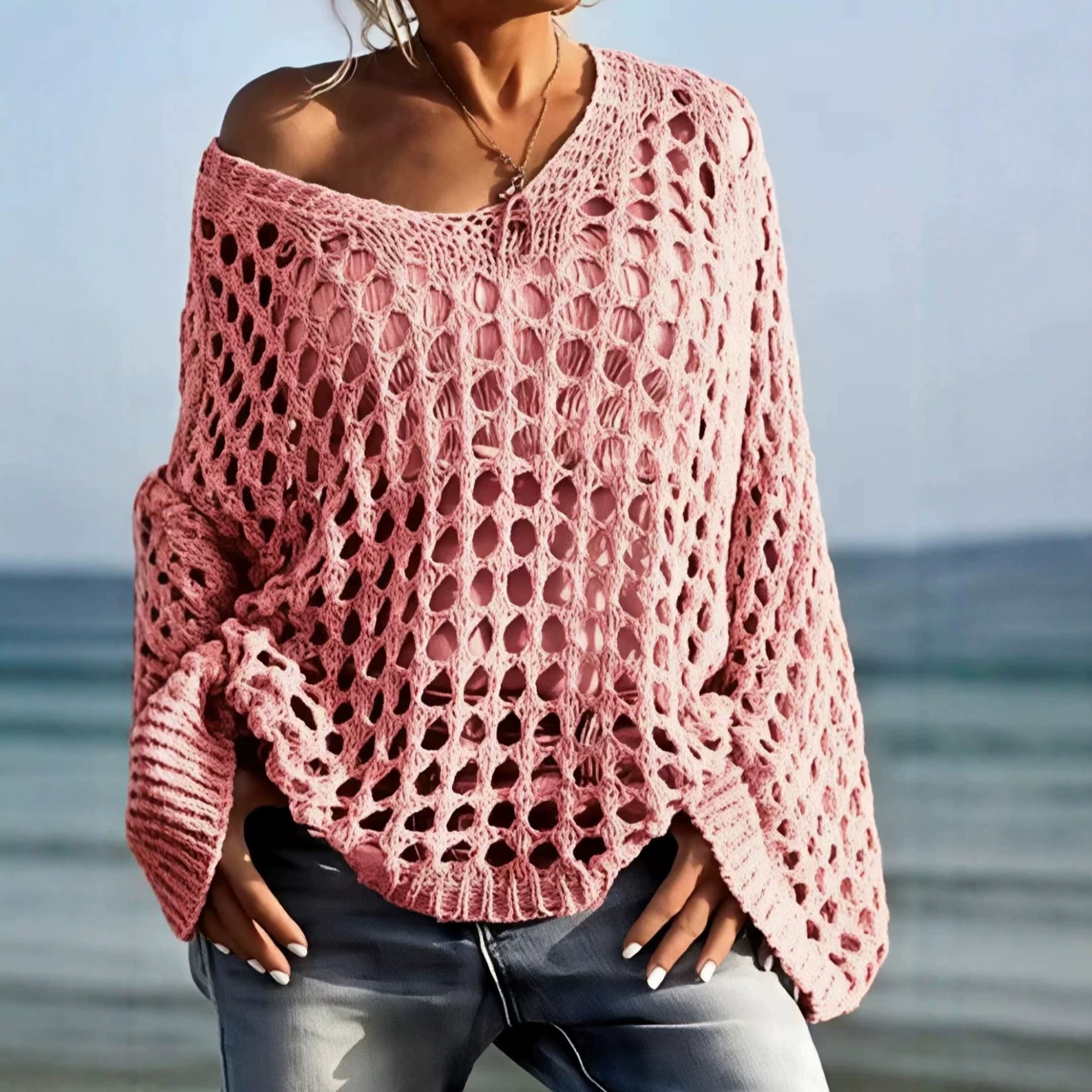 Women's Loose Open-Knit V-Neck Long-Sleeve Top