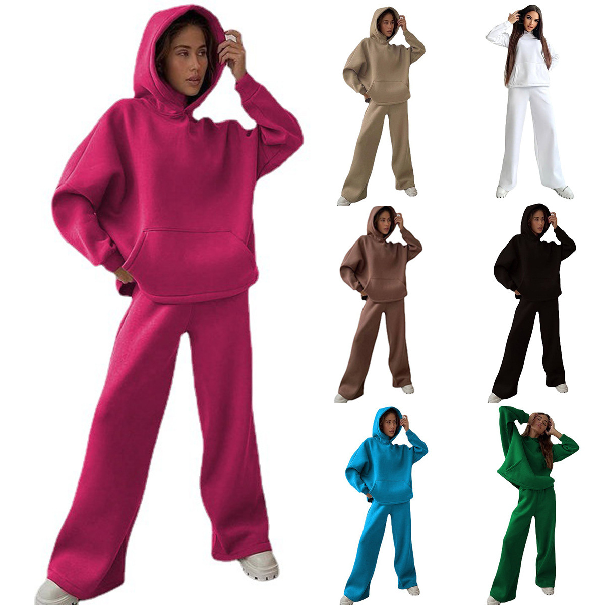 Women's Casual Hooded Long Sleeve Wide Leg Pants Two-Piece Set