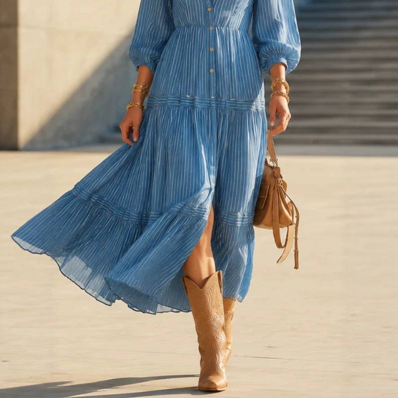 Blue Striped Long Shirt Dress Casual High Waist