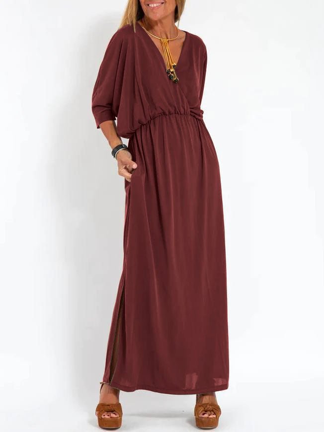 Women's High-Waist Slit Short-Sleeve Dress in Solid Colors