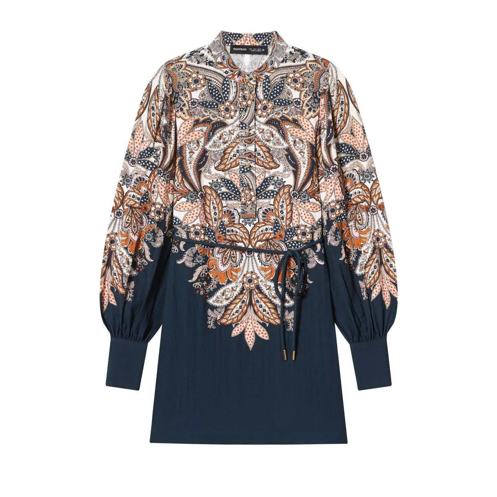 Women's Summer Floral Print Lantern Sleeve Waist Shirt Dress