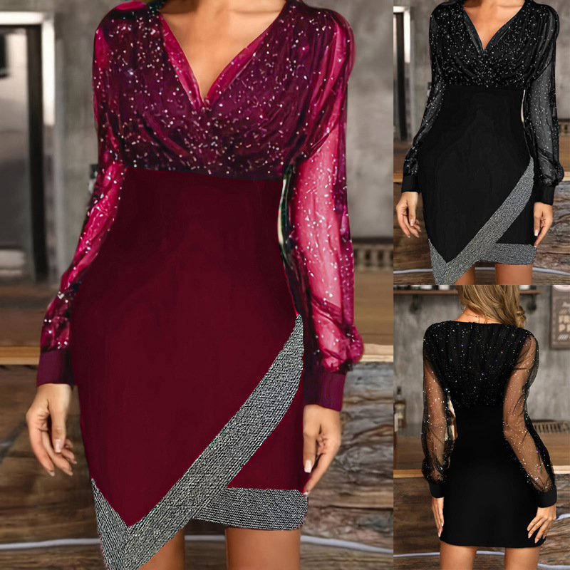 Mesh Sequin V-Neck Long Sleeve Bodycon Dress