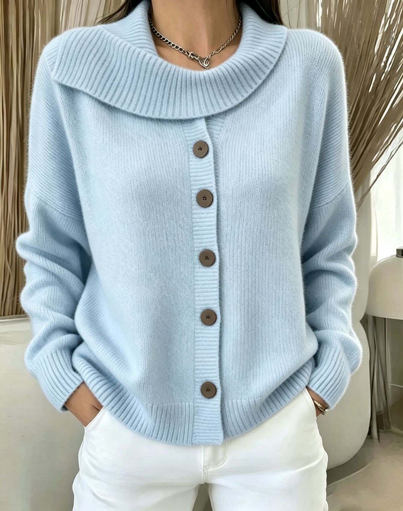 Women's Button-Up Knit Cardigan Sweater with Asymmetric Collar
