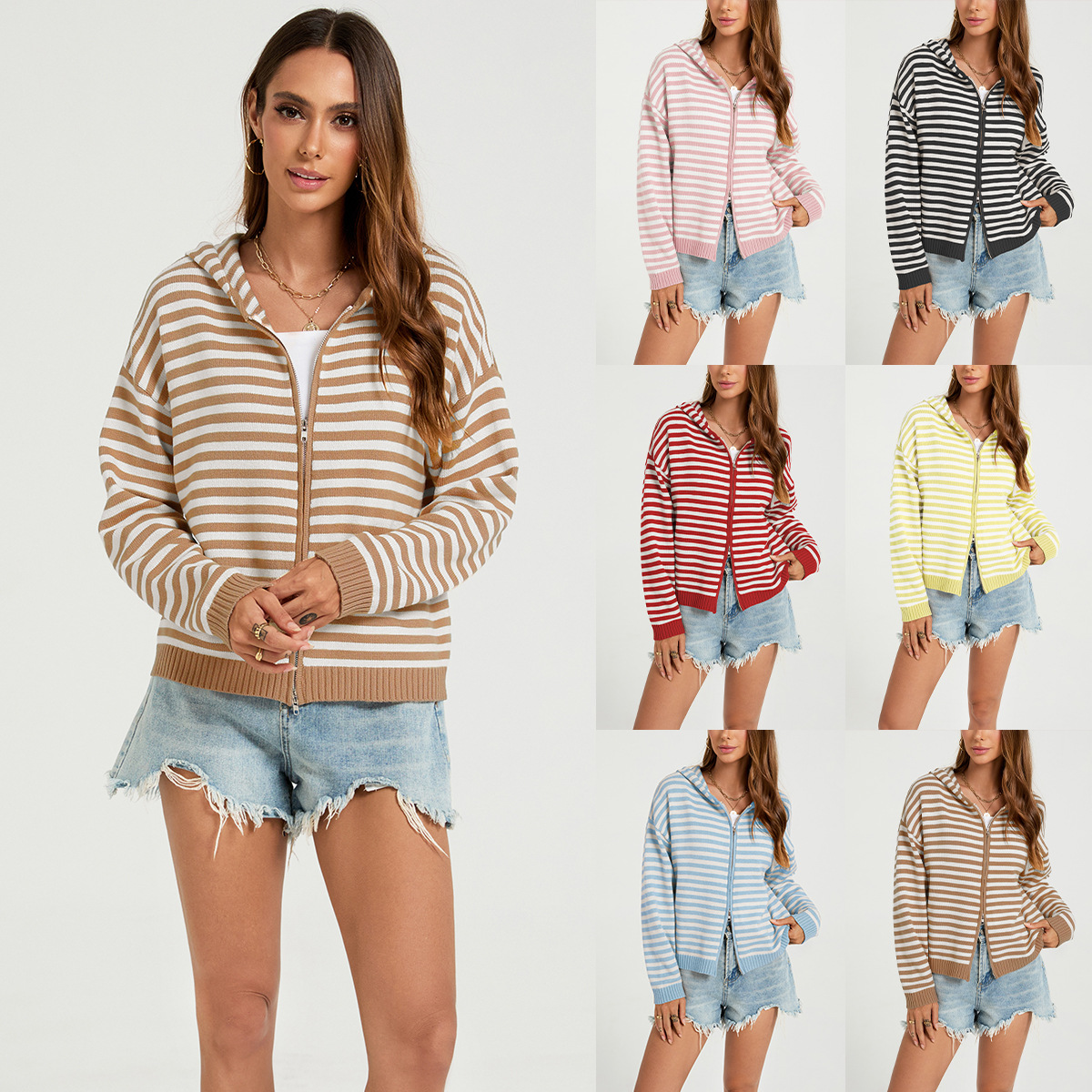 Striped Hooded Zip-Up Knit Cardigan
