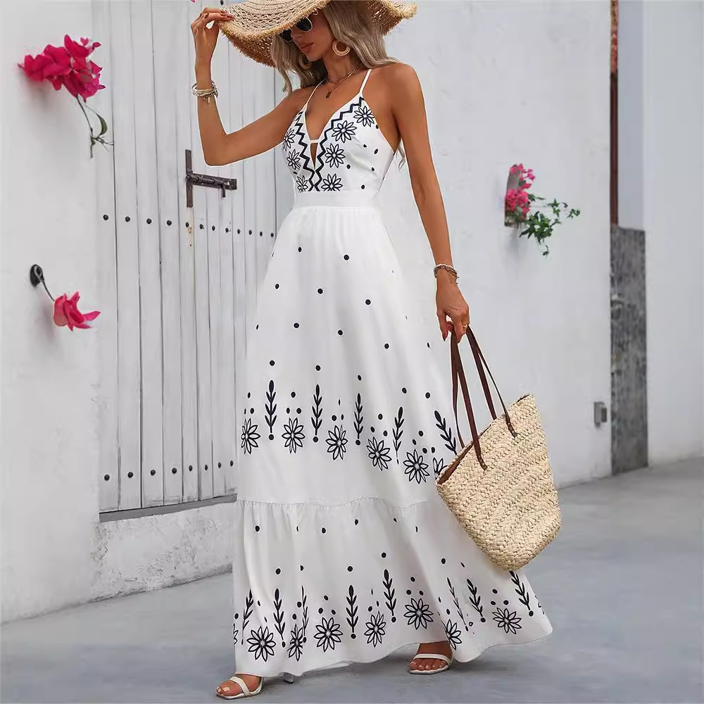 Floral Print Backless Halter Maxi Dress with Short Sleeves and Flowy Skirt