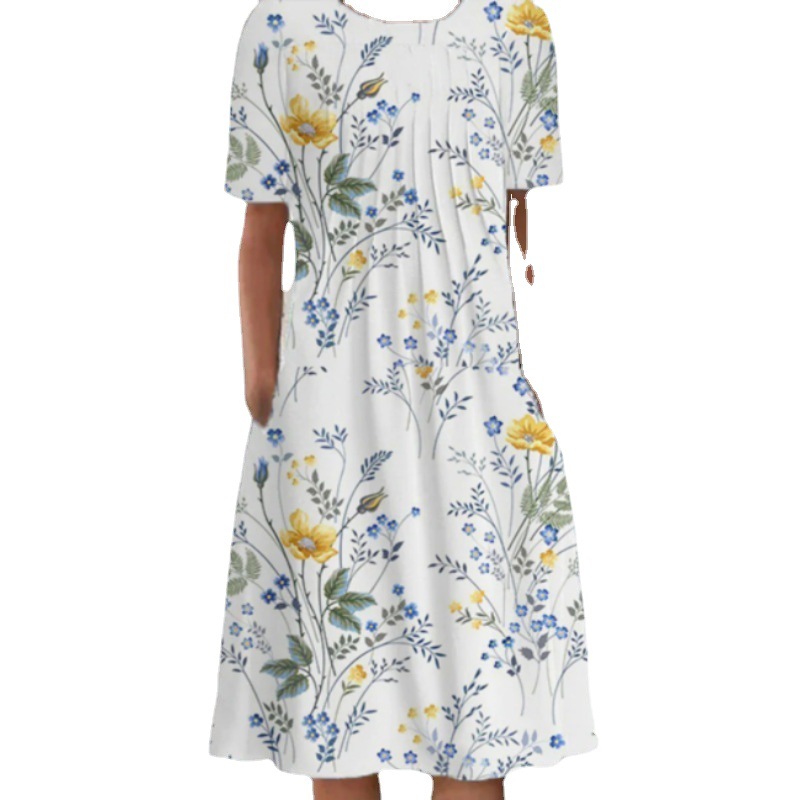 Elegant Floral Print Round Neck Short Sleeve Maxi Dress