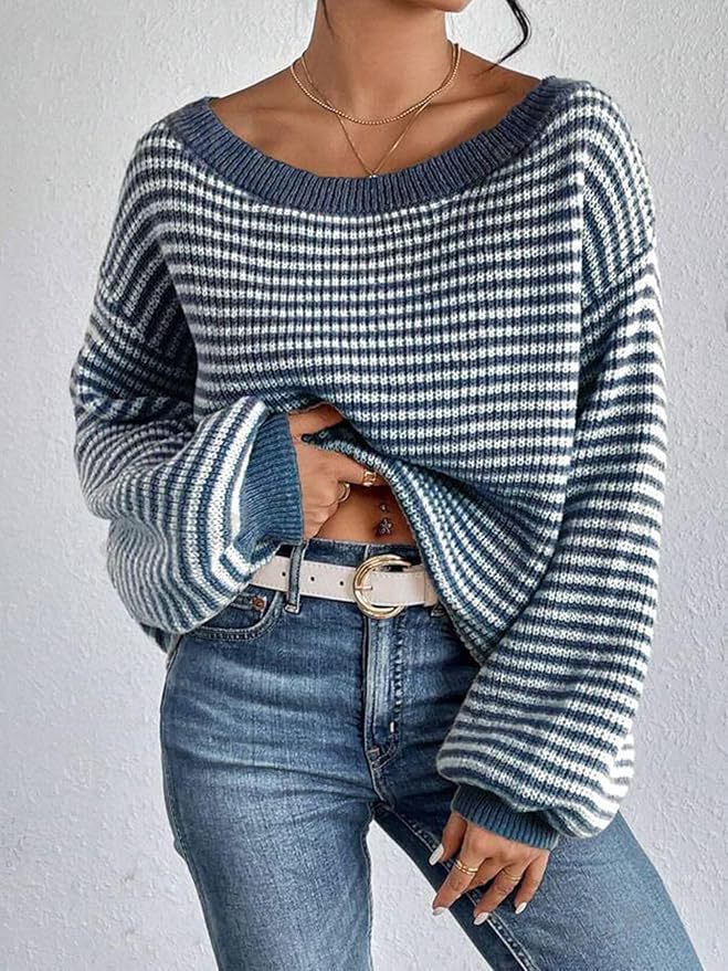 Striped One-Shoulder Lantern Sleeve Sweater