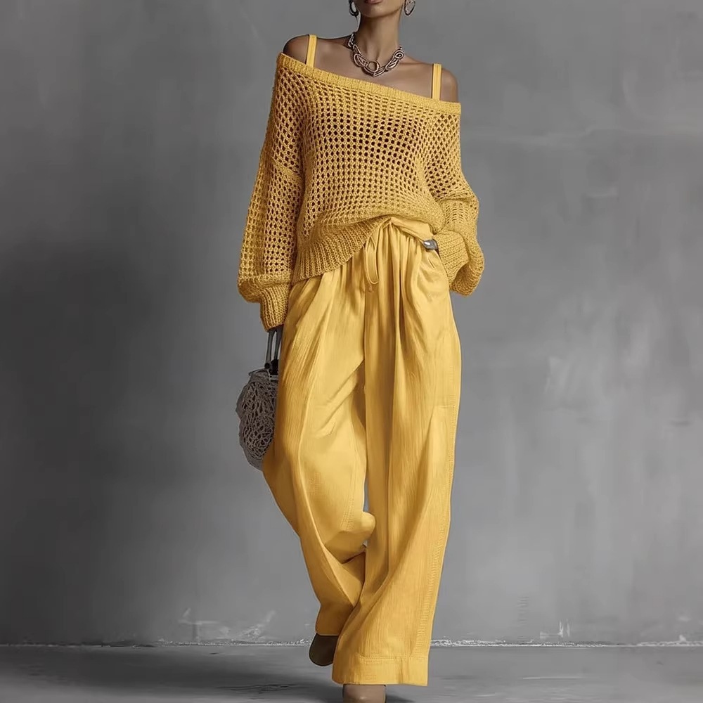 Women's Open-Knit Top & Cotton-Linen Pants Two-Piece Set