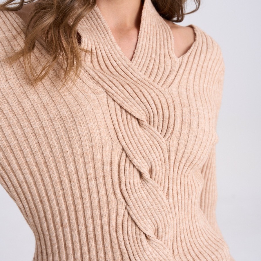 V-Neck Cable Knit Halter Pullover Ribbed Long Sleeve Slim Fit Top