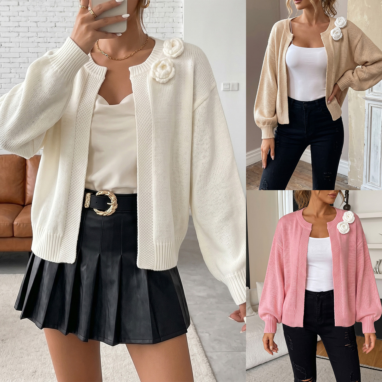 Elegant Solid 3D Hand-Crochet Floral Knit Cardigan Sweater