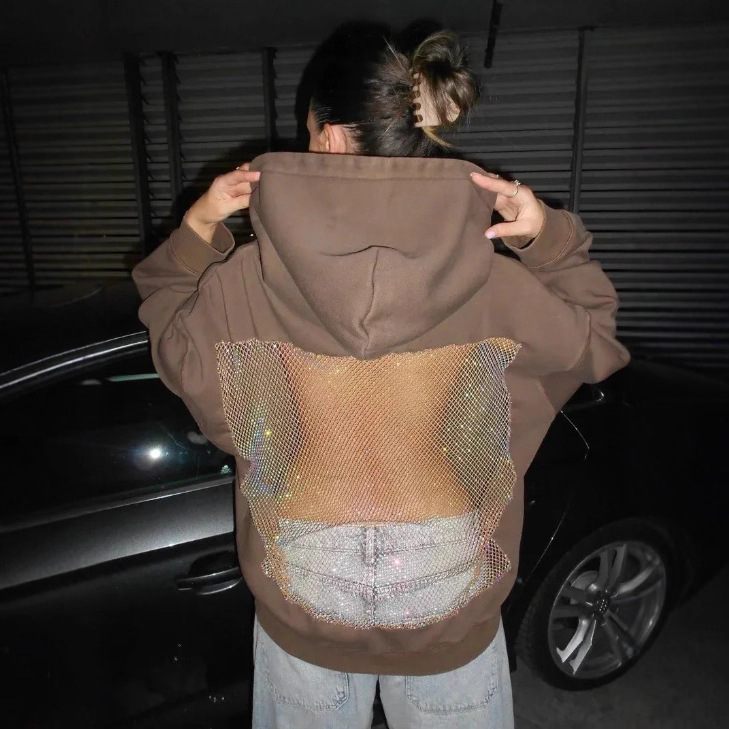 Women's Solid Color Open Back Cutout Mesh Hoodie Sweatshirt
