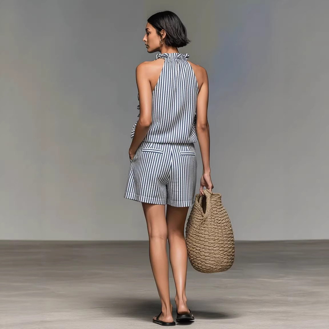 Women's Sleeveless Striped Lace-Trim T-Shirt and Shorts Set