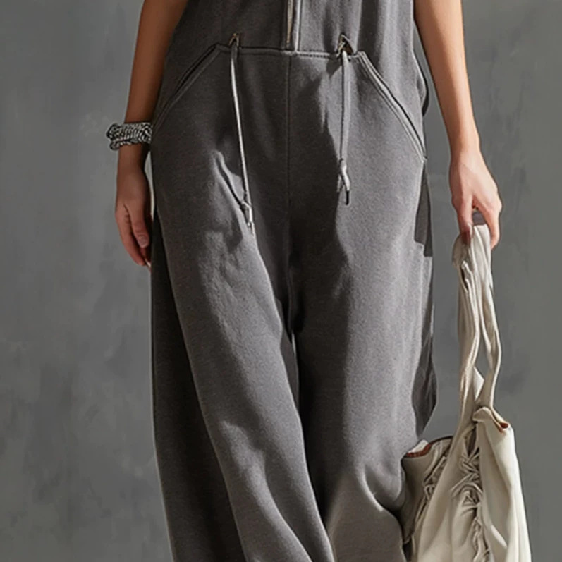 Women's Gray and White Colorblock Zip Front Sleeveless Jumpsuit