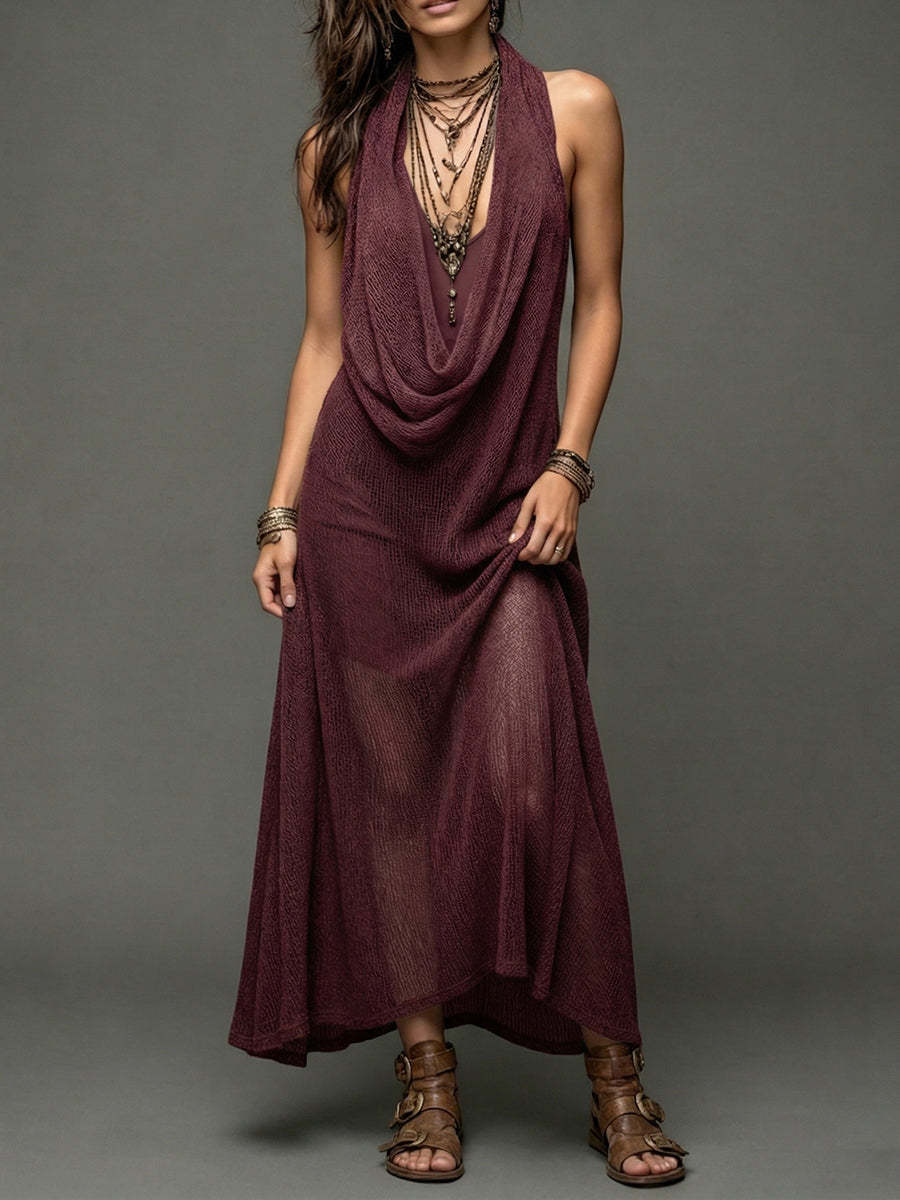 Bohemian Halter Knit Maxi Dress Two-Piece Set