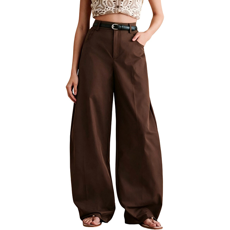 Women's Solid Curved Wide-Leg Pants Loose Straight Casual Trousers