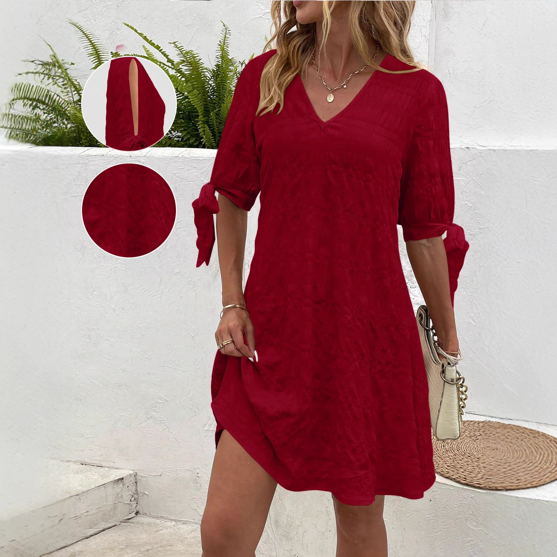 Women's Summer V-Neck Tie Sleeve Solid Casual Dress