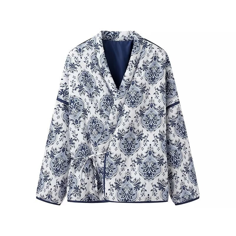 Floral Print Lace-Up Long Sleeve Cotton Coat