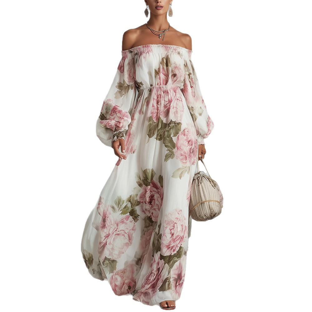 Floral Print Off-Shoulder Lantern Sleeve Midi Dress