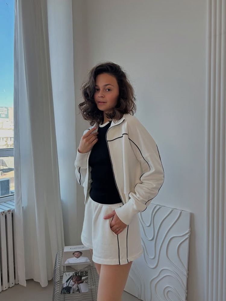 Striped Two-Piece Lounge Set with Long Sleeve Zip-Up Collared Top and Elastic Waist Shorts