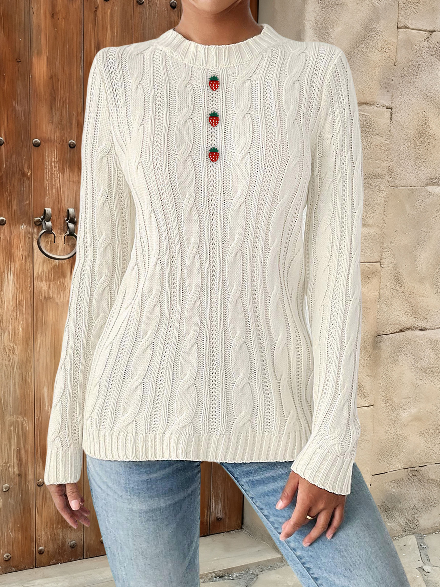 Women's Strawberry Button Crewneck Pullover Knit Sweater