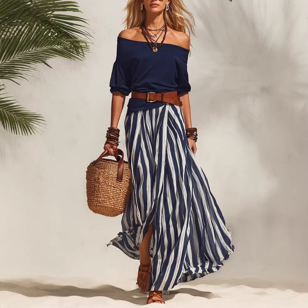 Off-Shoulder Top and Slit Skirt Women's Set – Nautical Vacation Style, Colorblock Geometric Print