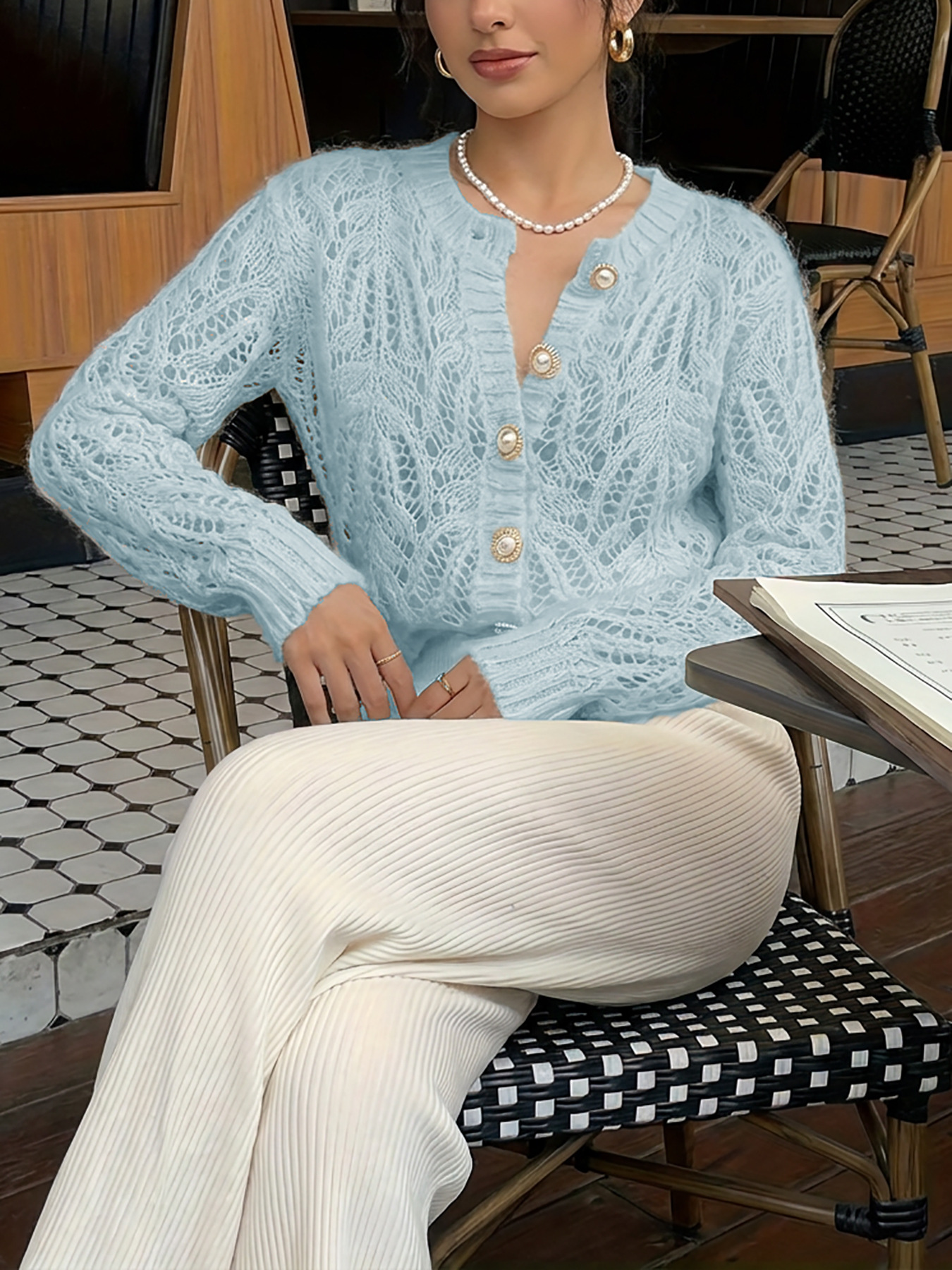 Women's Openwork Cardigan with Pearl Buttons Crew Neck Slim Fit Long Sleeve