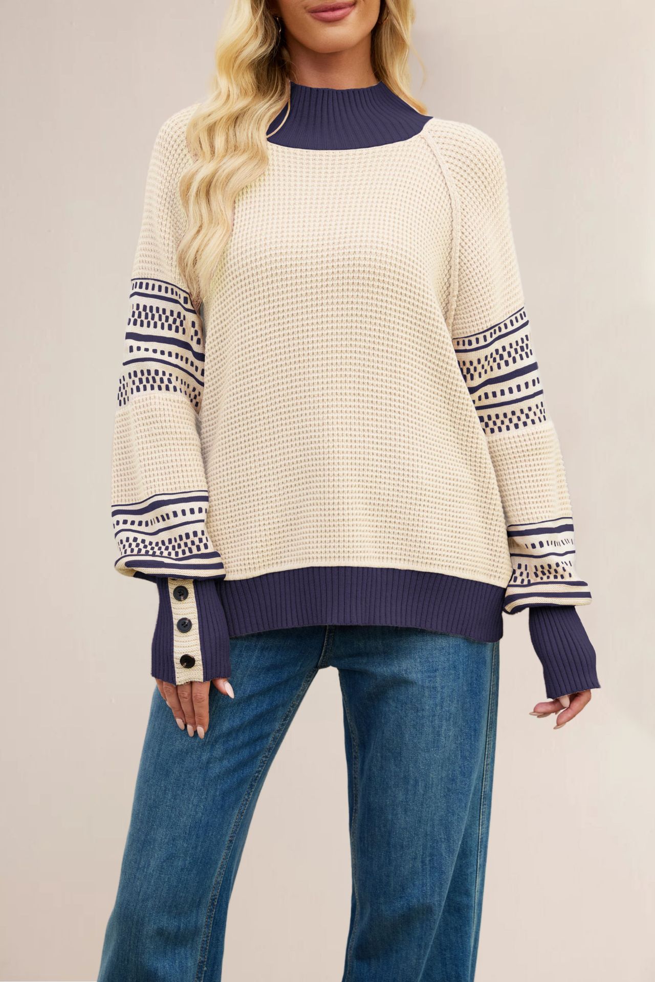 Color-Block Mock Neck Knit Sweater