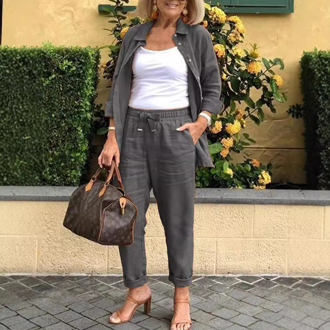 Cotton-Linen Collared Blazer & Loose Pants Casual Set
