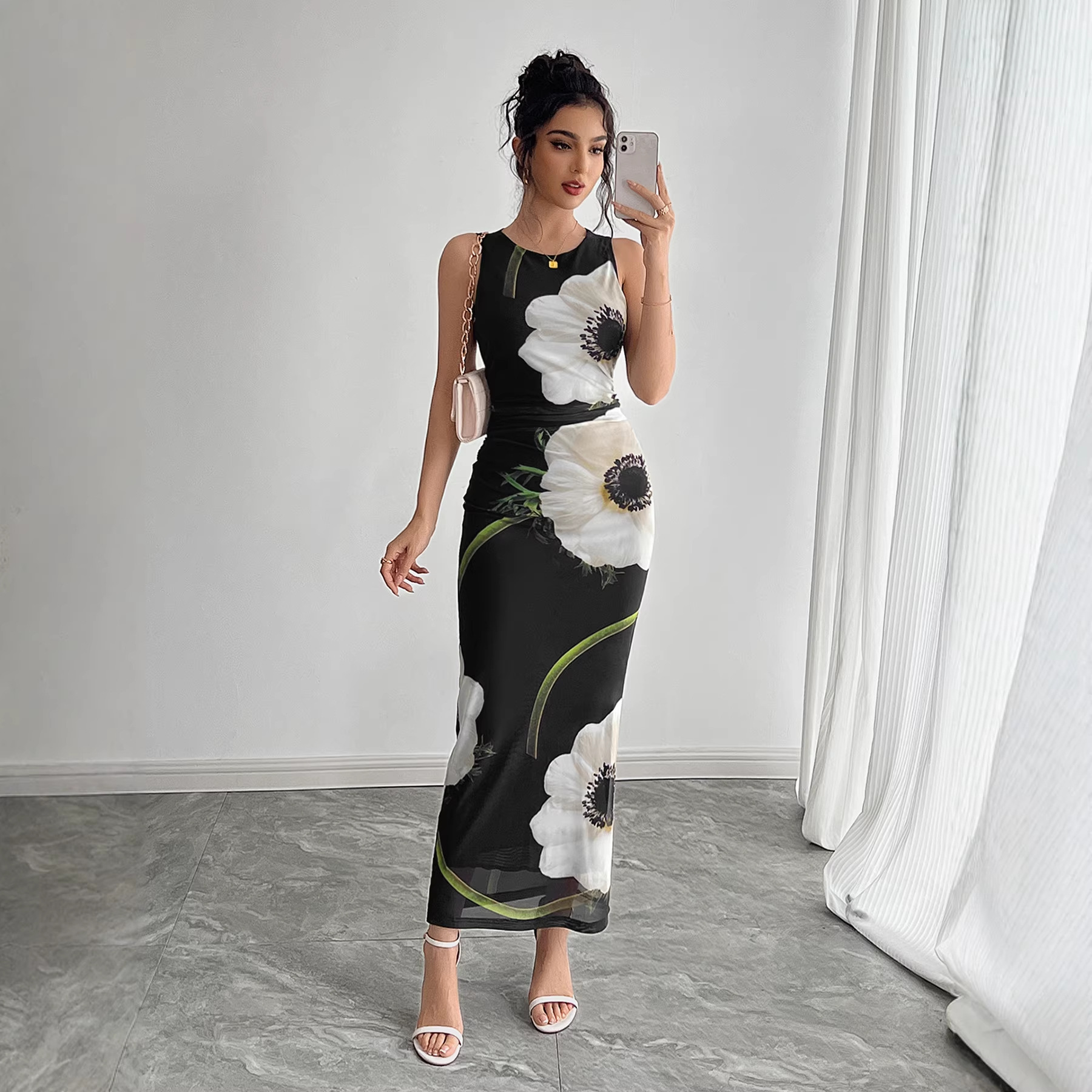 Women's Black Floral Print Sleeveless Long Dress