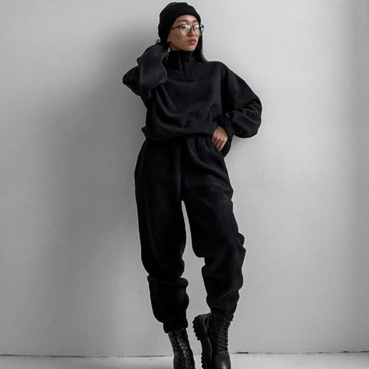 Women's Casual Loose Zip-Up Stand Collar Sweatshirt Two-Piece Set