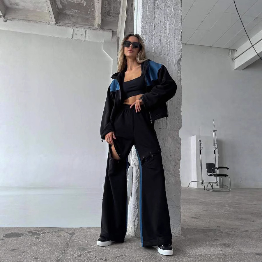 High Street Colorblock Hooded Cardigan & Distressed Button Pants Two-Piece Set