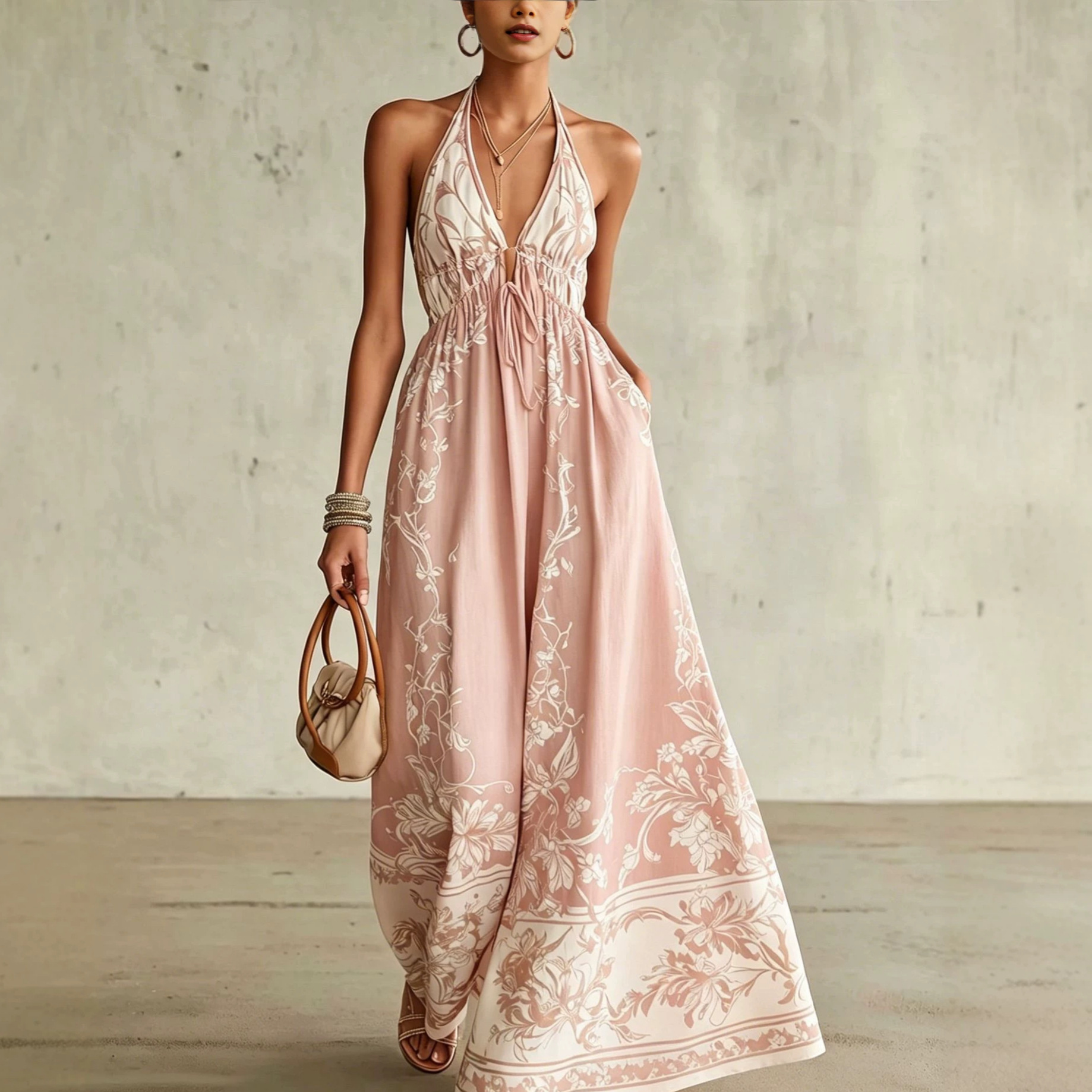 Bohemian V-Neck Sleeveless Maxi Dress Floral Print Beach Vacation